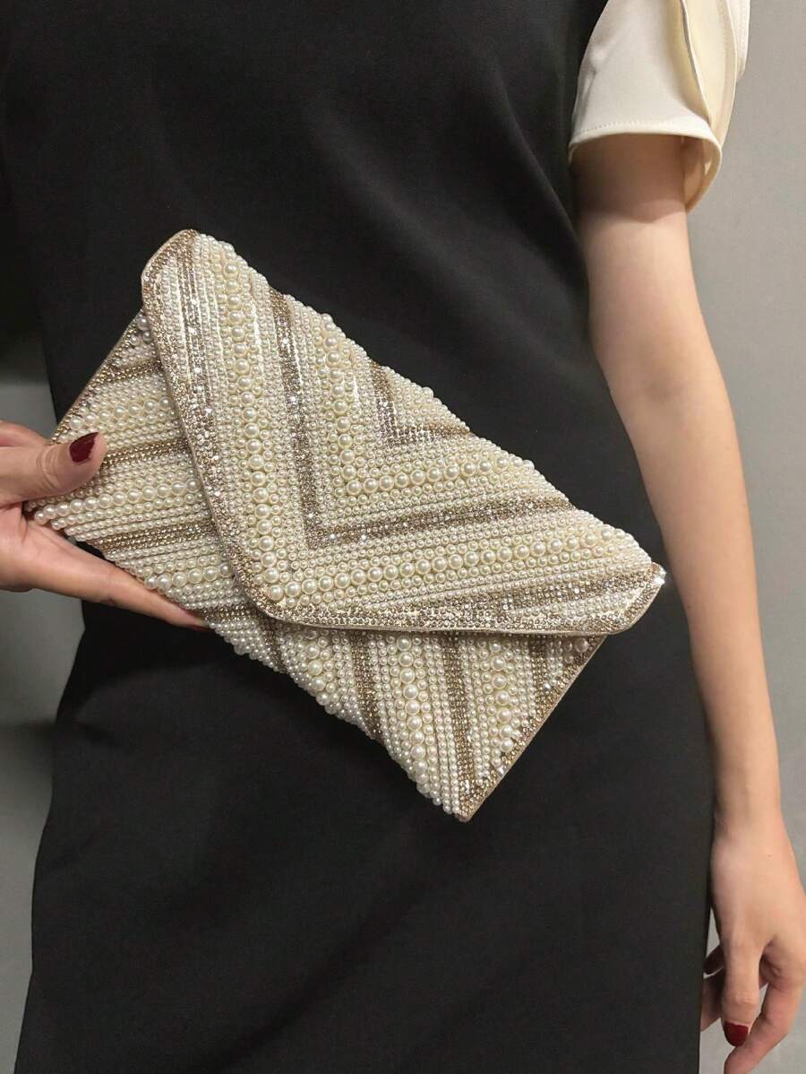Shiny Crystal & Pearl Embellished Rhinestone Envelope Evening Bag, Glittering Handbag With Chain Strap, Elegant Jeweled Clutch Purse For Party, Wedding, Dinner - Size: 23*13*0.5cm, Clutch Bag For Wedding
