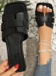 Women's Fashion Striped Open Toe Square Toe Flat Sandals, Beach Holiday & Casual Style Flat Slippers