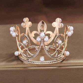 Royal 1pc Mini Crown Princess Crystal Faux Pearl Headwear, A Hair Ornament For Wedding/Birthday Party /Cake Decoration Tiaras
