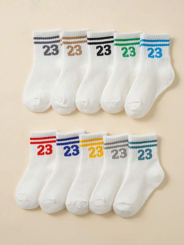 10 Pairs Kids Numerical & Parallel Bar Pattern Breathable Socks, Solid Color School Uniform Socks For Boys & Girls