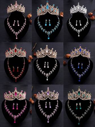 Royal 4pcs/Set Fashionable Alloy Rhinestone Glass Crown Necklace And Earrings Set, Perfect For Women To Wear To Weddings And Parties Tiaras Halloween