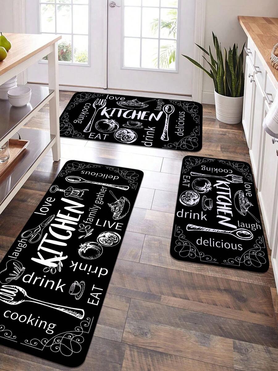 1/2 Pc Black Background White Text Graphic Print Kitchen Mat, Soft Plush Rectangular Non-Slip Area Rug For Living Room, Dining Room, Bedroom - Black and White - View 1