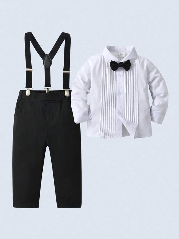 BOARNSEORL 2pcs Young Boys Gentleman Outfit - Long Sleeve Collared Shirt With Bow Tie And Suspender Pants, Fashionable And Stylish For Birthday Party, Wedding, Formal Occasion
