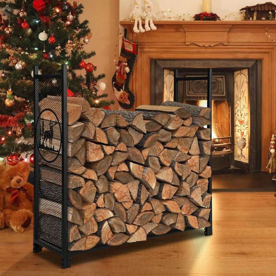 Firewood Rack, Decorative Metal Firewood Rack With Raised Legs & Pattern, Firewood Rack For Indoors & Outdoors, Firewood Holder For Fireplace, BBQ & Fire Pit - Black - View 1
