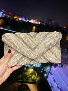 Shiny Crystal & Pearl Embellished Rhinestone Envelope Evening Bag, Glittering Handbag With Chain Strap, Elegant Jeweled Clutch Purse For Party, Wedding, Dinner - Size: 23*13*0.5cm, Clutch Bag For Wedding
