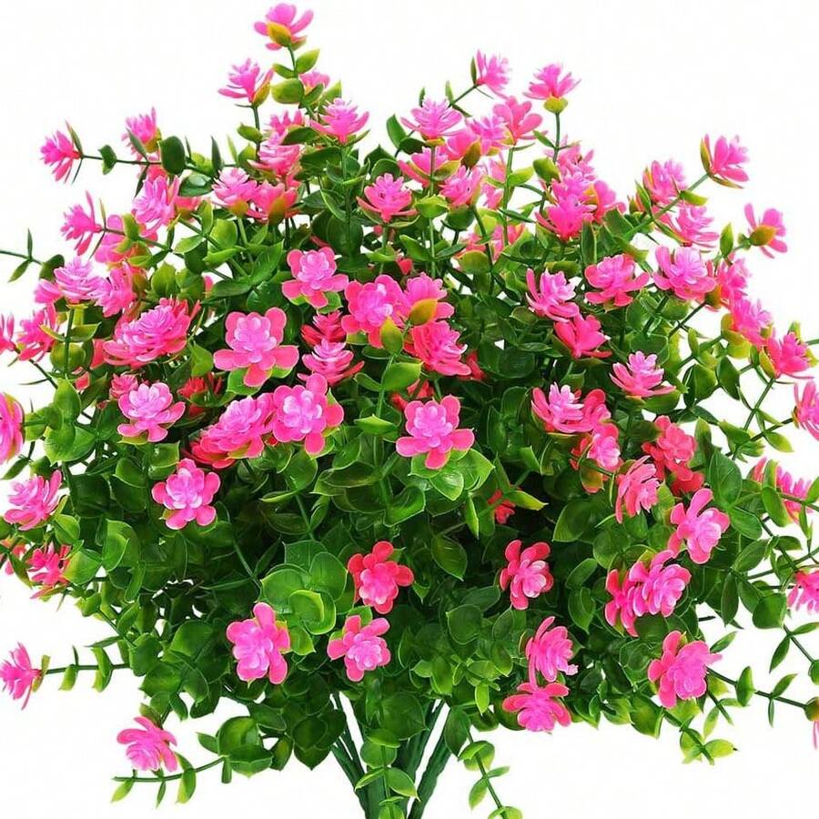 6束室外裝飾用人工花束，防UV不褪色的假塑料植物，玄關窗框裝飾用人造花卉掛件，適用於露台花園家庭室內外裝飾（玫瑰紅色） - 粉色 - 查看 1