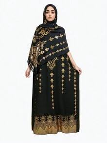 2入組女性豪華長袍和頭巾套裝，金箔印花，優雅的圓領阿巴雅連衣裙，短袖，適用於所有季節，是理想的禮物選擇 - 圓形領口長袍頭巾套裝 - 查看 4