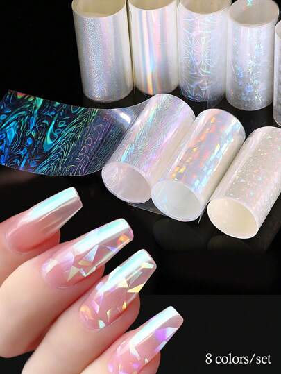 8pcs/Set Nail Art Aurora Glass & Iceberg Paper 3D Transfers Sticker, Luminous Surface Decorative DIY Printing Heart-Shaped Flower Aurora Transfer Paper Nail Stickers
