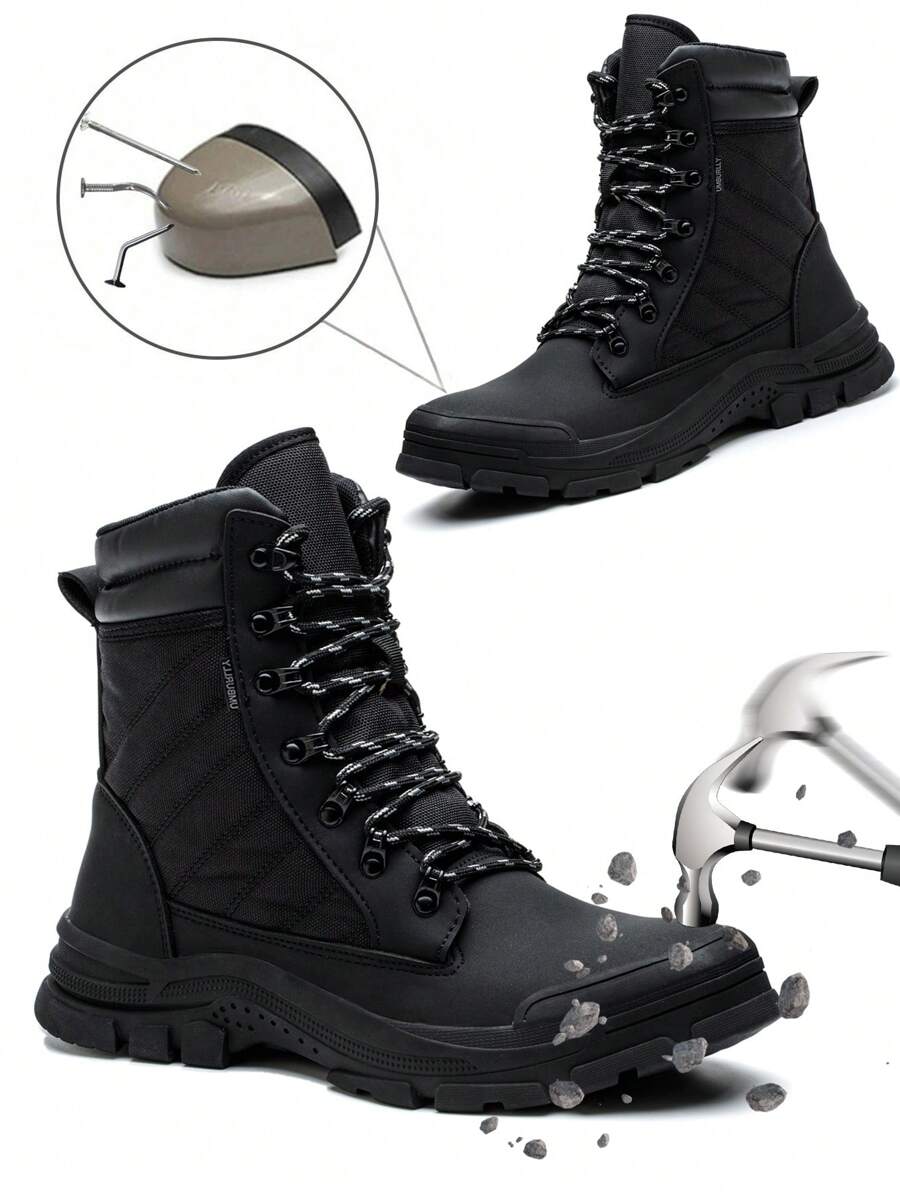 1 Pair Of High-cut Labor Protection Shoes For Men, Anti-smash And Anti-puncture Steel Simple Work Shoes, Breathable And Fashionable Toe Shoes, Comfortable, Lightweight, Wear-resistant, Non-slip, Durable Safety Shoes, Factory Site, Mine, Outdoor Exploration - Black - View 1
