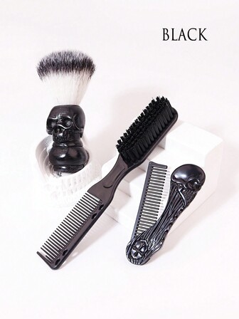3 piezas de herramientas de belleza para el cabello y la barba, peine de metal de acero inoxidable con diseño de calavera, cepillo de limpieza para el rostro y la barba de los hombres en salones, diseño de calavera, uso diario en salones