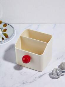 1pc Cream-Colored Cute Desktop Storage Box With 2 Compartments, Pen Holder, Makeup Brush/Pen Organizer, Modern Minimalist Multi-Compartment Pencil/Makeup Brush Storage Box, Suitable For Home, Office, School, Dorm, Bedroom, Bathroom, Living Room Decor, Gift Box, Fun Gift, Storage - Multicolor - View 1
