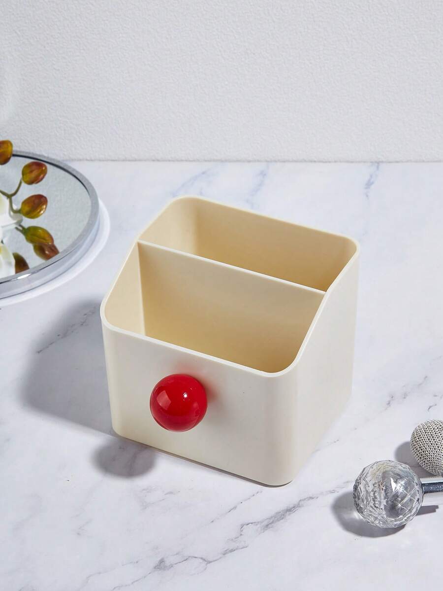 1pc Cream-Colored Cute Desktop Storage Box With 2 Compartments, Pen Holder, Makeup Brush/Pen Organizer, Modern Minimalist Multi-Compartment Pencil/Makeup Brush Storage Box, Suitable For Home, Office, School, Dorm, Bedroom, Bathroom, Living Room Decor, Gift Box, Fun Gift, Storage - Multicolor - View 1
