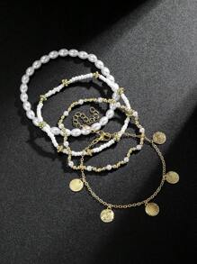 4 件套波西米亚风格贝壳、金属圈和珠子装饰脚链套装，适合女士，适合节日穿着