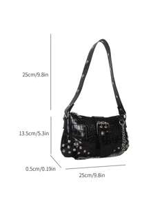 2024New Women's Underarm Bag, European And American Style Vintage Rivet Motorcycle Bag With Pleat Detail Crescent Solid Shoulder And Crossbody Bag For Women