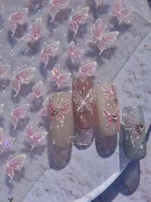 1pc Shiny Shell Pink Jelly Butterfly Nail Art Sticker, Self-Adhesive Nail Decals, Nail Jewelry, DIY Nails Nail Supplies - Pink - View 2