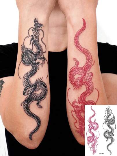 1pc Waterproof Temporary Tattoo Sticker, Washable, Featuring Double Dragons "China Dragon And Flying Dragon In The Sky", Ideal For Fashionable People For Everyday Use