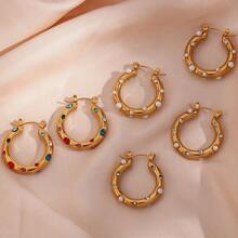1 paire de boucles d'oreilles créoles de luxe en acier inoxydable plaqué or 18 carats avec perle, boucles d'oreilles en cubic zirconia coloré, conviennent pour le travail, les rendez-vous, les fêtes