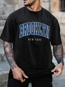 Hombres Camiseta con estampado de letra - Azul - Ver 1