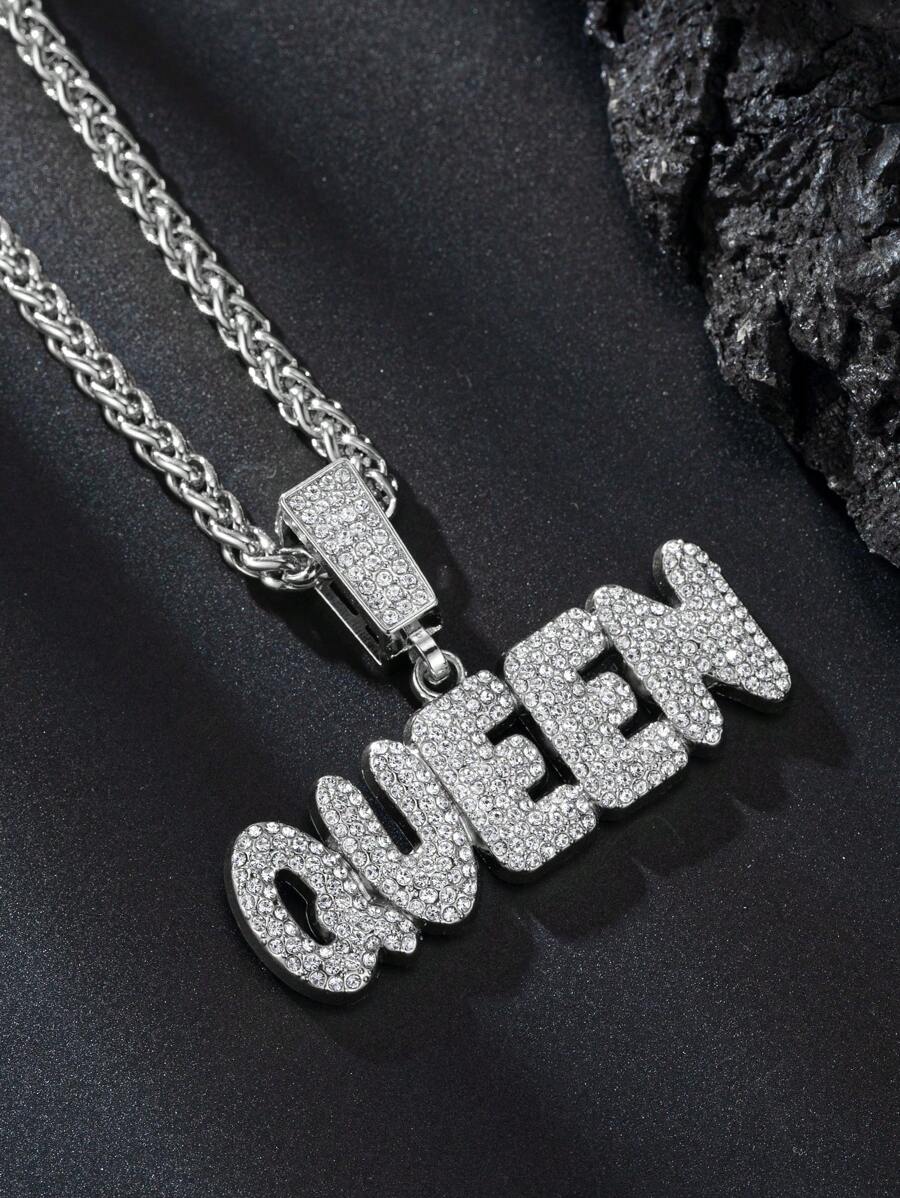 1pc Silver 3D Cubic Zirconia QUEEN Letter Pendant Chunky Figaro Chain Necklace, Unisex. Hip-Hop Style Men's Full Diamonds QUEEN Letter G Chain , Suitable For Daily Wear And Festival, Prefect Gift For Couples And Lovers.