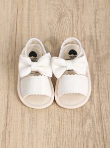 Sandali piatti in PU con fiocco a tinta unita per ragazze, suola in gomma antiscivolo, scarpe dolci e adorabili per principesse, adatte per primavera ed estate