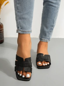 Women's Fashion Striped Open Toe Square Toe Flat Sandals, Beach Holiday & Casual Style Flat Slippers