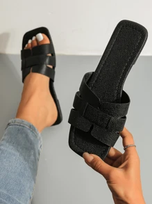 Women's Fashion Striped Open Toe Square Toe Flat Sandals, Beach Holiday & Casual Style Flat Slippers