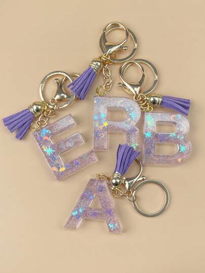 波西米亚风一体式首字母树脂钥匙扣，手工饰品，适用于女士包袋、配饰、吊饰、手机配件蝴蝶壳、星星亮片汽车配件包袋吊饰学校