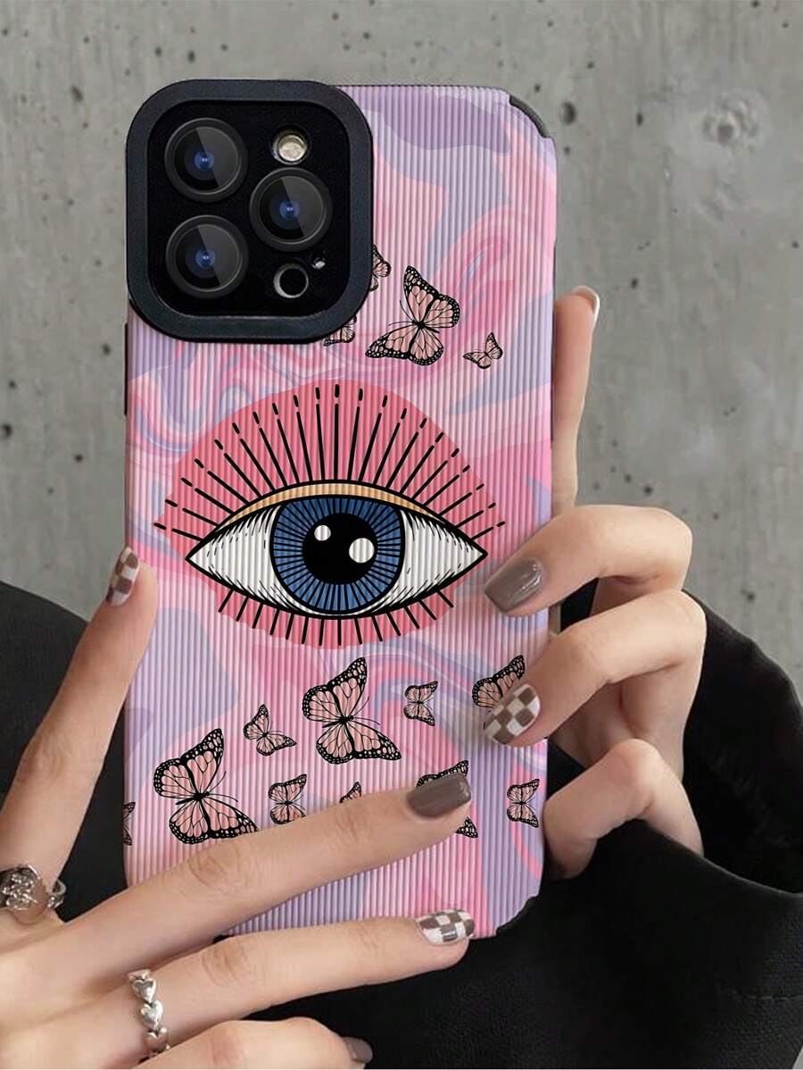 1pc 3D Soft Anti-Fall Phone Case With Pink Eye Pattern And Faux Leather Texture, Compatible With IPhone And Samsung - Multicolor - View 1