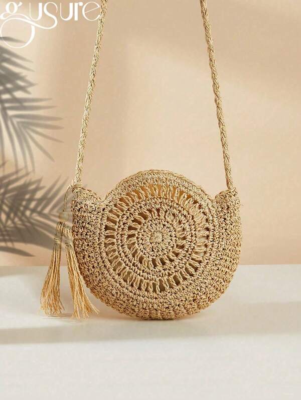 Gusure Bag Handmade Woven Round Straw Bag Boho Tassel Decor Crossbody Bag Fashion Hollow Out Beach Bag For Travel Holiday, Wicker Bag