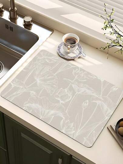 1入組線描花卉和蓮花印花防水餐具墊，帶有防滑橡膠底座，多功能廚房餐墊，適用於咖啡機碗架、盤子晾乾、防滑托盤晾乾和咖啡壺墊，適用於濃縮咖啡機，橡膠背面軟墊帶有吸水柔軟硅泥