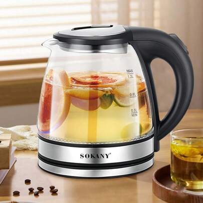  1pc Sokany SK-SH-1059 Plug Type 1.2L Home Electric Kettle With Indicator Light, Auto Shut-Off, Water Level Indicator, Detachable And Washable Filter, Stainless Steel, 360° Cordless Power Base, High Power 1500W, Quick Heating And Boiling,  Stainless Steel.