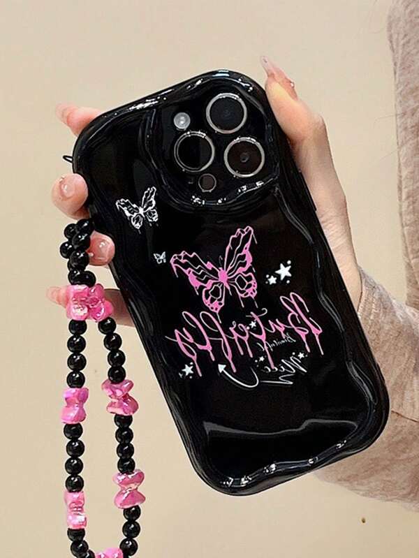 Apple Phone Charm Pink Butterfly, Scared Cat Asymmetrical Cream Textured Wavy Shell, Thick Shockproof Phone Case Compatible With Iphone Galaxy Phones With Lanyard