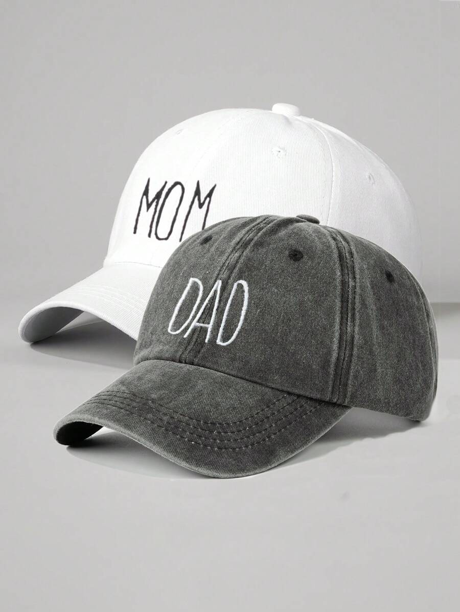街頭2入組刺繡MOM + DAD中性棒球帽，復古洗水調節運動卡車司機高爾夫遮陽帽，男女皆宜，是浪漫情人節的完美禮物 - 彩色 - 查看 1