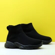 女士全黑高帮缓冲运动休闲针织一脚蹬舞鞋