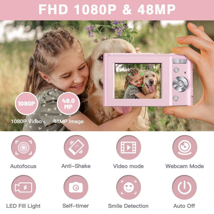 Máy ảnh kỹ thuật số tự động lấy nét,Máy ảnh nhỏ gọn FHD 1080P/48MP với thẻ nhớ 32GB,Máy ảnh cầm tay mini zoom kỹ thuật số 16X dành cho quà tặng ý tưởng cho người mới bắt đầu (Màu hồng) - Hồng - Xem 3