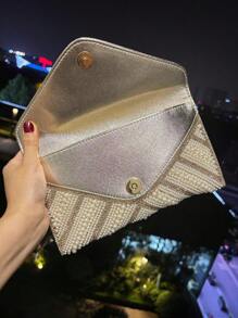 Shiny Crystal & Pearl Embellished Rhinestone Envelope Evening Bag, Glittering Handbag With Chain Strap, Elegant Jeweled Clutch Purse For Party, Wedding, Dinner - Size: 23*13*0.5cm, Clutch Bag For Wedding
