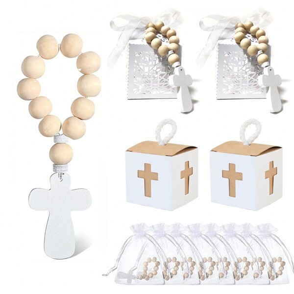 Wooden Bead Rosaries With Cross Beads Christening Favors With White Bag Box For The First Baptism Christening Rustic Wedding Easter Gift,