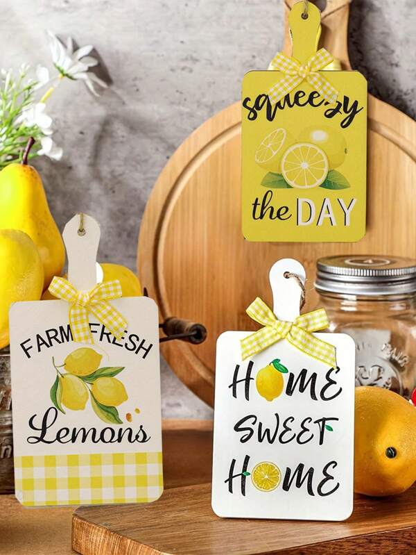 3pcs Fruit Themed Wooden Decorations For Summer Parties, Featuring Fruits, Watermelons, Lemons, Wooden Crafts, Kitchen Decorations