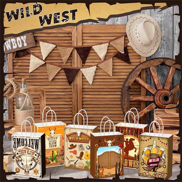 12 bolsas de fiesta de vaquero con asas, bolsas de caramelos de vaquero con tema del oeste, bolsas de obsequios para fiestas de cumpleaños, bolsas de papel kraft portátiles para compras, suministros de decoración de fiesta con tema del oeste, para el Día de San Valentín y de regreso a la escuela - Como se muestra en la imagen - Añade 3