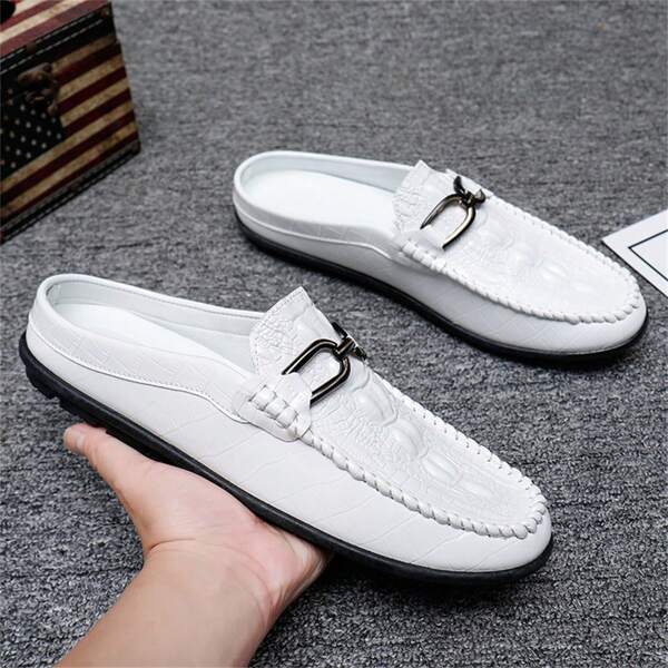 Men Breathable Half Toe Korean Style Penny Loafers With White Non-Lace Slouchy Driving Shoes