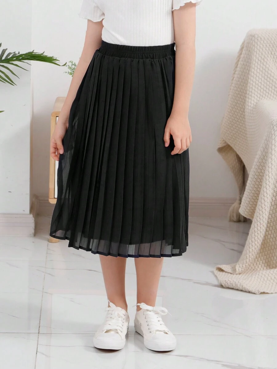 GORLYA Tween-Mädchen Chiffon plissierter Bohemian Swing Maxi Rock mit elastischem Bund, geeignet für Freizeitausflüge, Einkaufen, Spazierengehen, Schule, Rückkehr zum Schuljahr und Abendveranstaltungen - Schwarz - Übersicht 1
