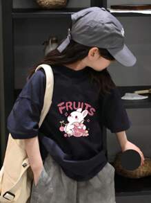 Tween Girls Pink Bunny Print Short Sleeve T-Shirt, 1pc Summer Top Suitable For 7-14 Years Old - Navy Blue - View 1