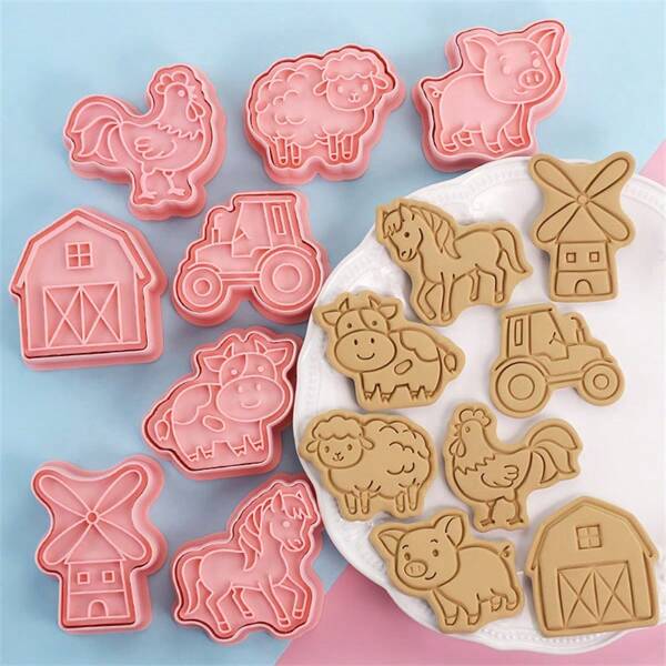 8pcs/Set Farm Themed Cookie Cutter, Including Windmill, Horse, Pig And Cow Shapes, For Fondant And Baking