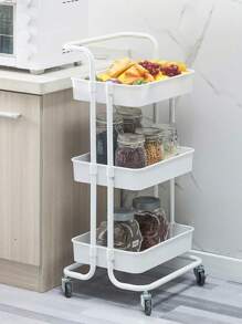 One-Piece Storage Trolley Cart- 3 Tier Rolling Utility Organizer Rack With Plastic Baskets, Craft Art Cart, Multi-Purpose Organizer Shelf, Tower Rack Serving Trolley For Office Bathroom Kitchen Kids' Room Laundry Room Outdoor Decor - White - View 9