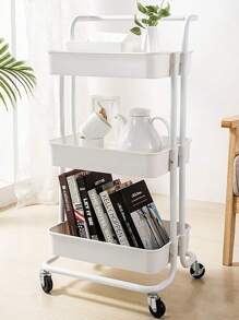 One-Piece Storage Trolley Cart- 3 Tier Rolling Utility Organizer Rack With Plastic Baskets, Craft Art Cart, Multi-Purpose Organizer Shelf, Tower Rack Serving Trolley For Office Bathroom Kitchen Kids' Room Laundry Room Outdoor Decor - White - View 8