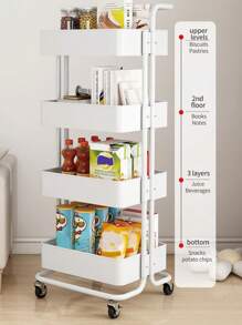 One-Piece Storage Trolley Cart- 3 Tier Rolling Utility Organizer Rack With Plastic Baskets, Craft Art Cart, Multi-Purpose Organizer Shelf, Tower Rack Serving Trolley For Office Bathroom Kitchen Kids' Room Laundry Room Outdoor Decor - White - View 4