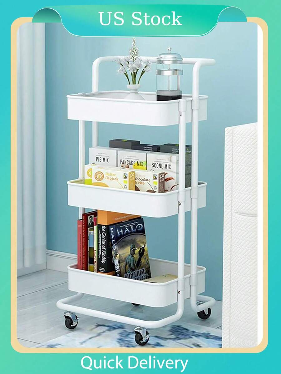 One-Piece Storage Trolley Cart- 3 Tier Rolling Utility Organizer Rack With Plastic Baskets, Craft Art Cart, Multi-Purpose Organizer Shelf, Tower Rack Serving Trolley For Office Bathroom Kitchen Kids' Room Laundry Room Outdoor Decor - White - View 1