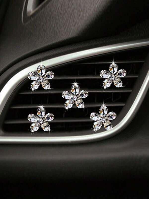 مشابك تهوية السيارة المشكلة على شكل زهرة مرصعة بخمسة أحجار كريستالية براقة، اكسسوارات مبتكرة لديكور تكييف هواء داخلي للسيارة