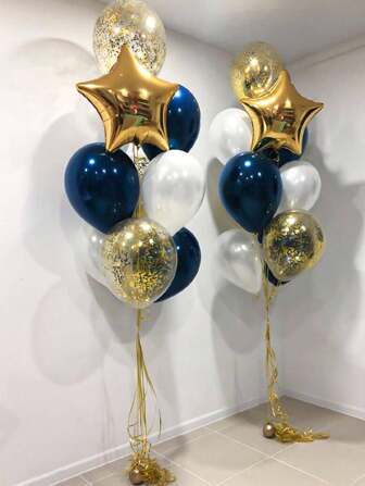 8pcs Ink Blue Confetti Latex Balloon Set With Star Gold Laser Ribbon For Birthday Party Graduation Bachelorette Anniversary Wedding Decoration, Back To School Valentine Day