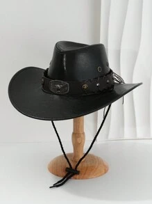 1pc Unisex Solid Color PU Leather Cowboy Hat With Unique 3D Metal Bull And Studded Star Decor, Adjustable Brim Width, New Vintage Cyberpunk Style, Perfect For Parties, Western Themed Events, Cosplay, Halloween, Music Festivals, Travel & Outdoor Activities